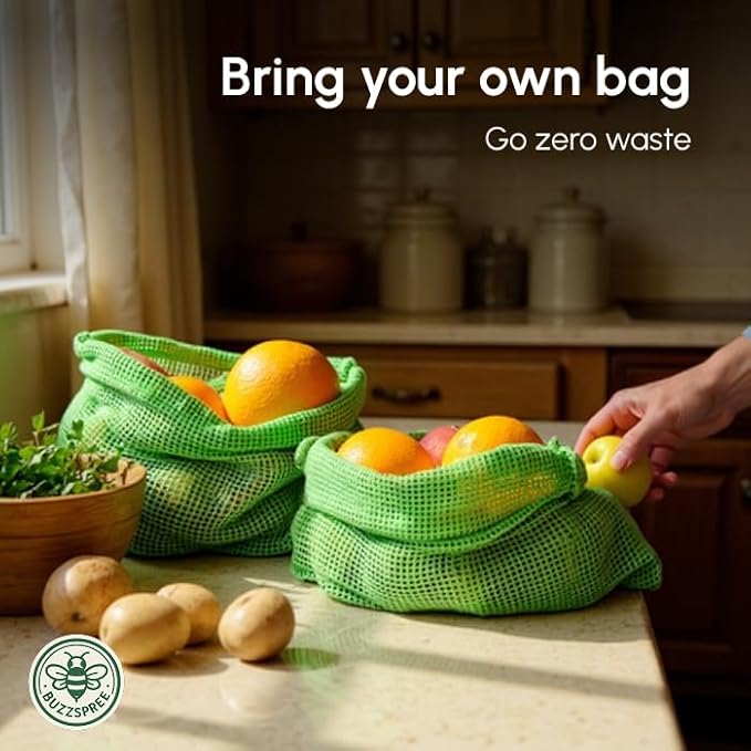 Buzzspree Eco-Friendly Cotton Mesh Produce Bags – Reusable, Washable & Sustainable Drawstring Net Bags for Fruits, Vegetables, Grocery Shopping & Kitchen Storage Organizer