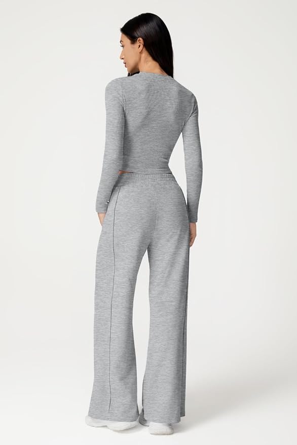 QINSEN Womens 2 Piece Sets Long Sleeve Slim Fit Crop Tops Wide Leg Pants Matching Lounge Set