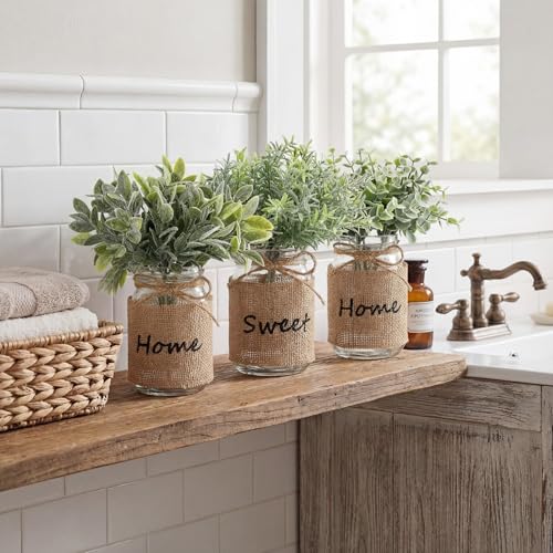 Suncalla 3 Pcs Spring Mason Jar Table Centerpiece Decor Small Fake Plants Farmhouse Rustic Burlap Vases Artificial Eucalyp...