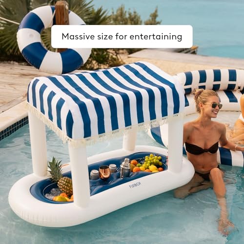 FUNBOY Giant Floating Navy Cabana Stripe Drink Station, Removable Fabric Shade with Fringe, Perfect for Parties, Table-Top...