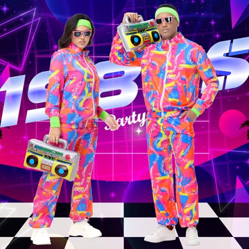 Tosjack 80s Outfit for Men Women,Neon Retro Tracksuit 90s Windbreaker Costume,Hip Hop Party Workout Track Suit Clothing