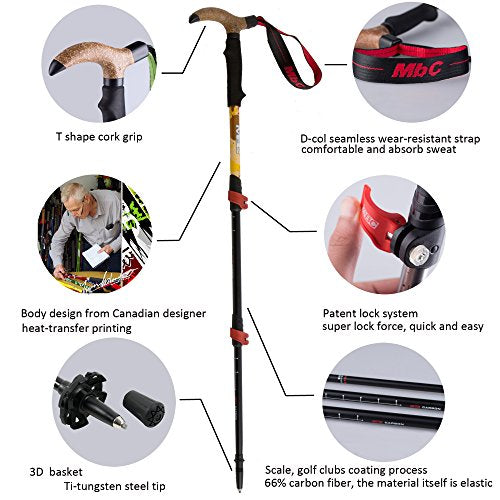 MBC T Shape Carbon Fiber Trekking Pole with High Cork Grip, Ultralight Walking Stick for Hiking, Camping