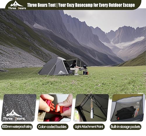 ThreeBears 4-Person Backpacking Tent Shelter, 3000mm Waterproof, Easy Setup, Spacious for Family Outdoor Adventures, Hikin...