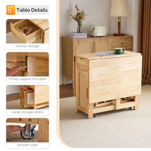 VINGLI 5-Piece Folding Dining Table Set, Extendable Drop Leaf Solid Wood Table with 4 Chairs, Drawers & Wheels, Space-Savi...