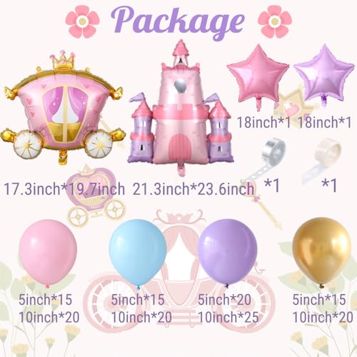 PageebO Princess Balloon Garland Arch, 154Pcs Pastel Blue Pink Purple Gold Balloons with Castle Carriage Star Foil Balloon...