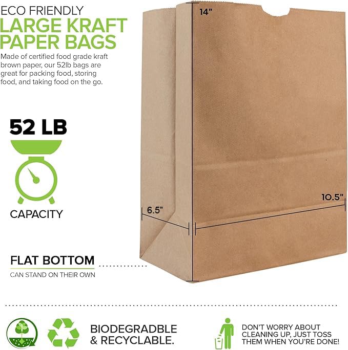 Stock Your Home 52 lb Kraft Brown Paper Bags (100 Count) – Bulk Large Grocery Bags for Shopping