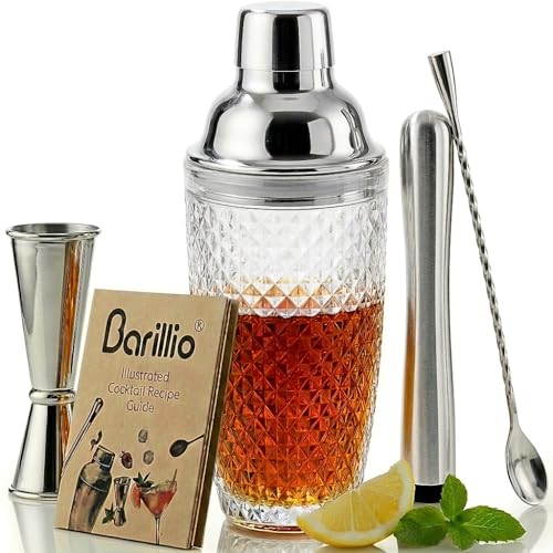 Barillio Glass Cocktail Shaker Set | 14 oz Cobbler Mixer with Bar Tools | Bartender Kit with Measuring Jigger, Mixing Spoo...