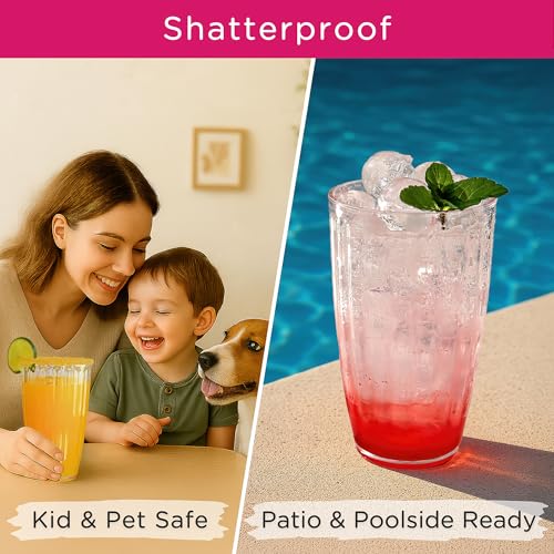Kate Aspen Clear Ribbed Acrylic Glasses Drinkware Set of 8, 21 oz, Plastic Tumblers, Tumblers & Water Glasses, BPA-Free Pl...