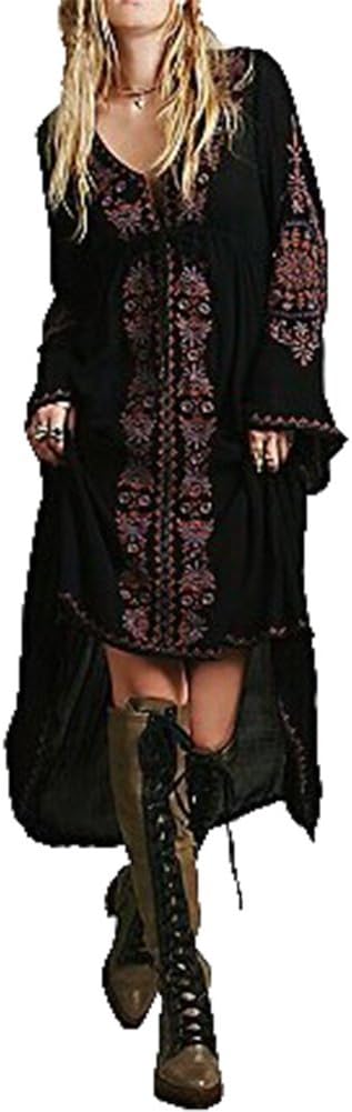 R.Vivimos Womens V Neck Bell Sleeve Vintage Floral Embroidered High Low Long Dresses