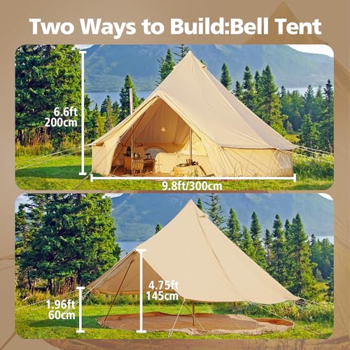 Cotton Canvas Bell Tent, Waterproof Large Tents with Sturdy Center & Door Pole and Space for 4/6/8 Person All 4 Season Cam...