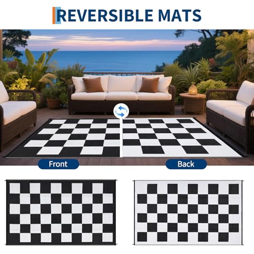 GarveeLife Waterproof Outdoor Rug 9x12 Modern Checkered Reversible Outdoor Mat Lightweight Plastic Straw Rug UV Resistant ...