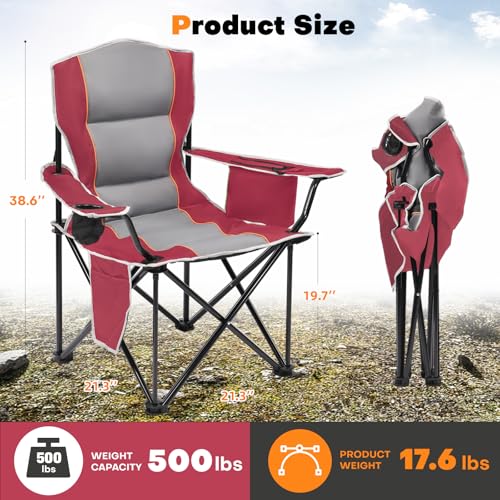 XMT Premium Padded Folding Chair, Extra Wide & Heavy Duty 450lbs Capacity, Portable Camping Chair with Insulated Cooler, C...
