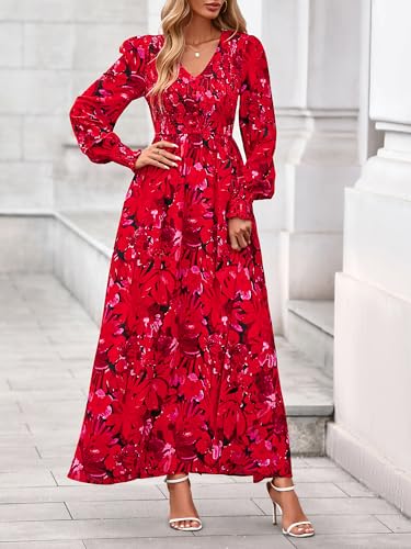 BTFBM Women Fall Wedding Guest Maxi Dresses 2025 Floral V Neck Long Sleeve Boho Long Dress Vacation