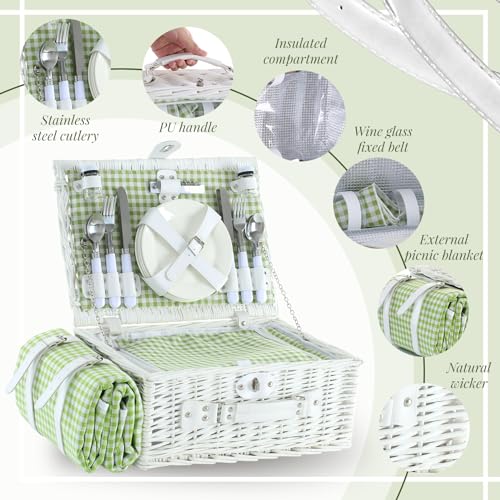 YPshuye Picnic Basket Set for 4 with Waterproof Blanket Mat Insulation Bag Wicker White Green Plaid Classic Fresh Gift for...