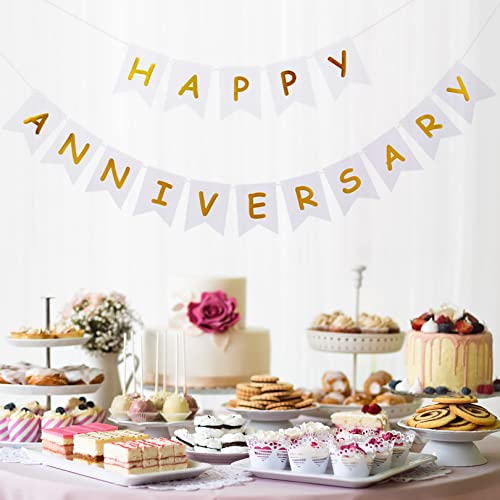 PANRRPERS White Happy Anniversary Banner, Party Supplies for Wedding Birthday Party Ceremony Decoration