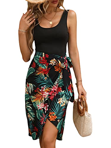 GORGLITTER Women's Tropical Print Knot Side Wrap Hem Dress Sleeveless Tie Scoop Neck Tank Dress