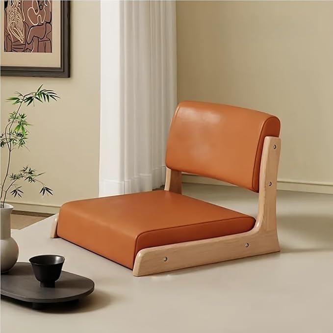 Japanese Style Legless Floor Chair with Back Support, Wooden Tatami Meditation Chair with Cushion, Low Sofa Floor Seat for Living Room, Bedroom, Bay Window(Technology Fabric 2)