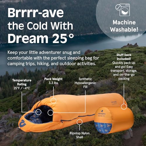 Retrospec Dream 25 Kids Sleeping Bag for Camping - Mummy Style, Water-Resistant, Lightweight 3lbs 3oz, Adjustable Length, ...