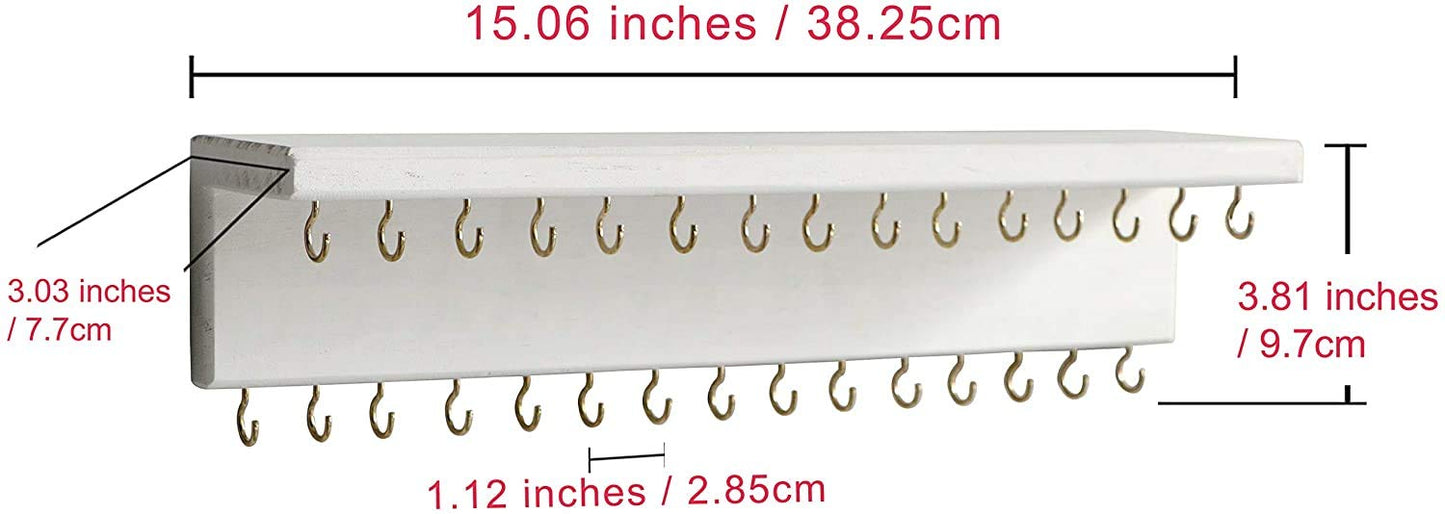 SANY DAYO HOME Jewelry Organizer with 30 Hooks and Cosmetics Shelf, 15 x 3 x 4 inches Wall Mounted Rustic Pine Wood Holder for N
