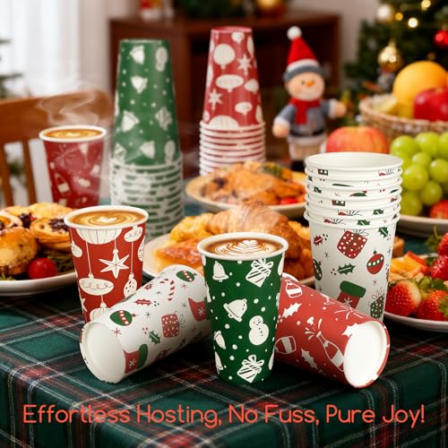 FUNPAK Christmas To Go Coffee Cups with Lids 16 oz Insulated Cups, 100 Packs Hot Cup for Chocolate/Coffee/Tea/Water/Juice,...
