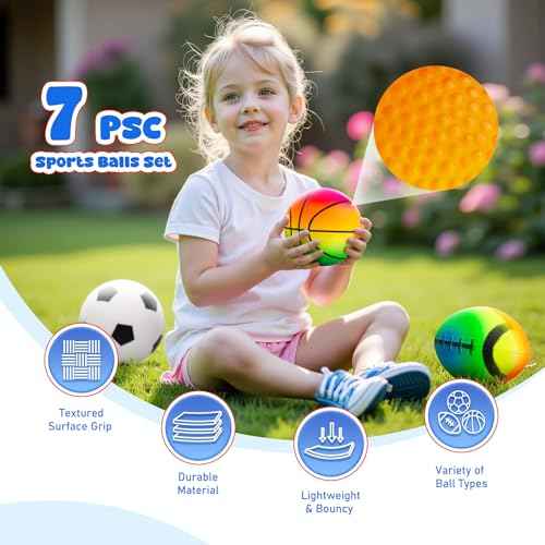 EVERICH Balls for Toddlers 1-3, 7 Pcs 5" Playground Balls for Kids, Soft Rubber Small Sports Ball Set with Football, Basketball, Soccer, Indoor Outdoor Toddler Toys Games Birthday Gifts for Boys Girls