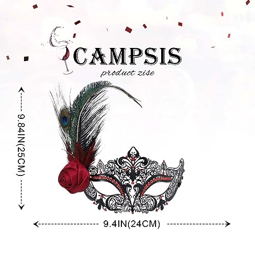 Campsis Feather Masquerade Mask Red Rhinestone Venetian Mask Flower Ball Masks for Women