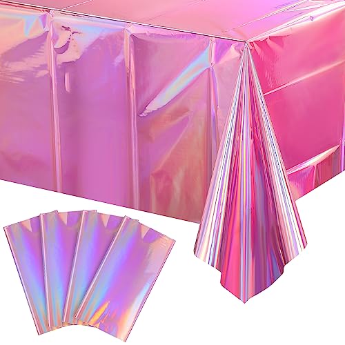 4 Pack Iridescent Pink Plastic Tablecloths, FunnyPars Shiny Disposable Laser Rectangle Table Covers, Holographic Foil Tabl...