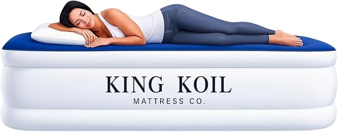 King Koil Luxury Twin Air Mattress with Built-in Pillow Top & Integrated High-Speed Patented Pump – 20" Inflatable Twin Blow Up Airbed for Camping, Home & Guests, Waterproof, 1-Year Warranty