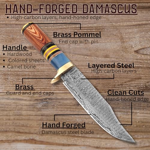 LEONA CRAFT® Handmade Damascus Knife – Premium Outdoor Fixed Blade Carbon Steel Tool | Camping & Bushcraft Use | Sharp Edg...