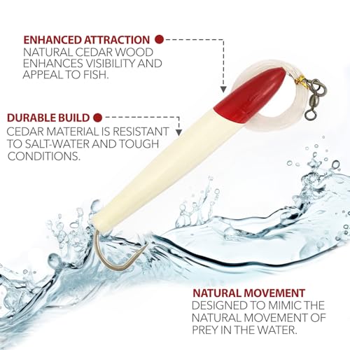 4" Cedar Plug Lures, 6 Pcs Red/White Rigged, for Saltwater Fishing, Includes Mesh Lure Bag, Ideal for Offshore Tuna Trolling