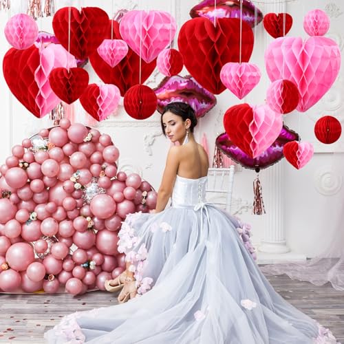 Yexiya 36 Pcs Valentine Heart Honeycomb Decorations Pom Poms Honeycomb Ball Paper Decorations Heart Tissue Paper for Valen...