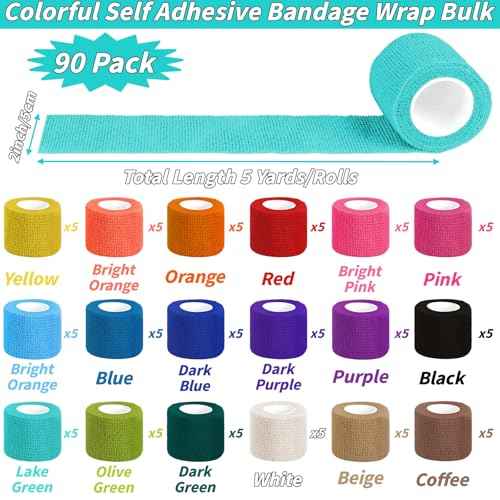 90 Pack Colorful Self Adhesive Bandage Wrap Bulk 2 Inch x 5 Yards Cohesive Bandage,Vet Wrap Breathable Elastic Self-Adherent Tape for Stretch Athletic Sports Wrist Ankle Dogs Pet Vet Wrap 18 Colors