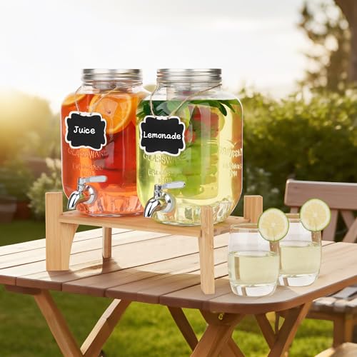 Set of 2 Glass Drink Dispensers for Parties, 1 Gallon Ice Beverage Dispensers with Stand, Juice Dispenser with Fruit Infus...