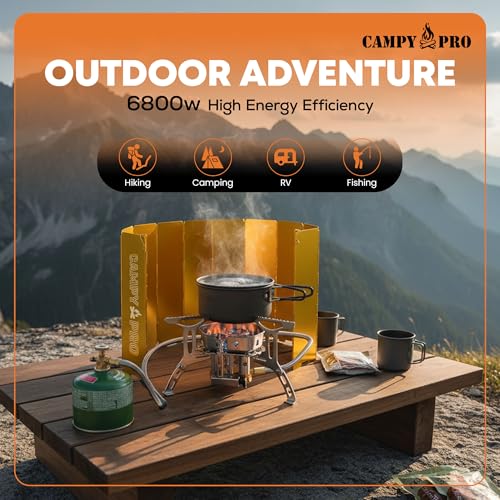 CAMPY PRO 6800 W Portable Gas Stove with Orange 12-Plate Windscreen, Portable Gas Burner, Piezo Ignition, Includes Butane,...