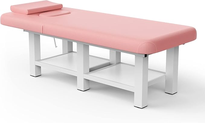 Physical Therapy Table Stationary Massage Table, 75”L 31.5''W Heavy Duty Height Adjustable Esthetician Bed w/Facial Cradle, 800LBS Metal Frame PU Leather Spa Lash Bed Professional Equipment (Pink)