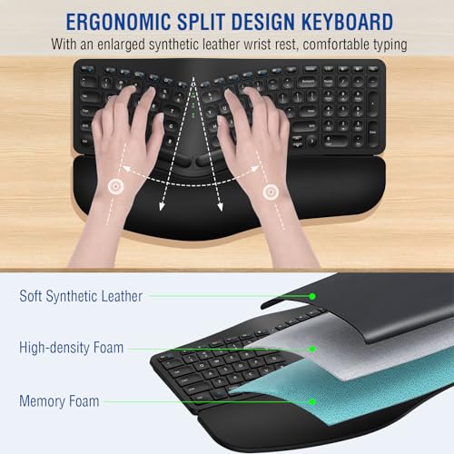 EDJO Ergonomic Wireless Keyboard Rechargeable, Bluetooth/2.4G Wireless Keyboard with Cushioned Wrist Rest, Multi-Device, S...