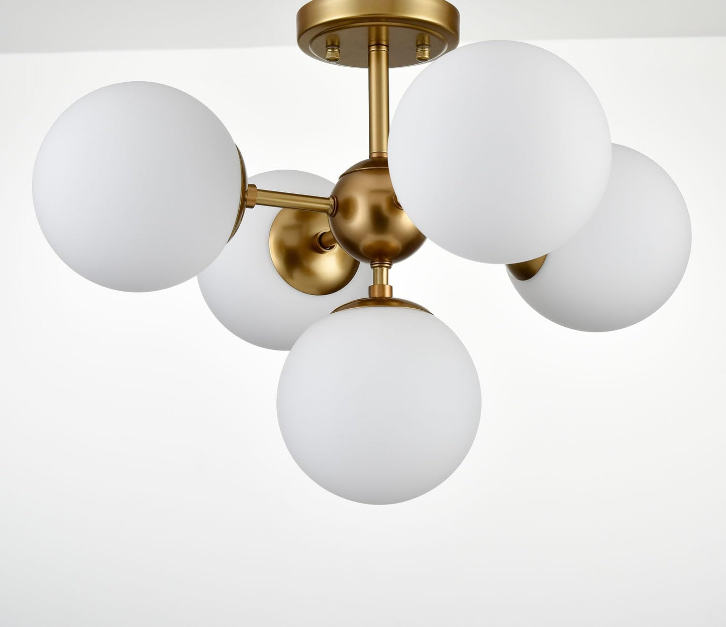 DIRYZON Mid Century Modern 5-Light Semi Flush Mount Ceiling Light,Brass Sputnik Ceiling Light with Opal Globe Glass for Living Room Bedroom Hallway