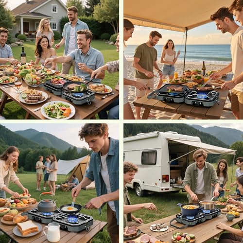 Camping Stove Portable Propane Camp Stove with Independently Adjustable Heat & 2 Burners, Foldable Gas Stove with Carry Ba...