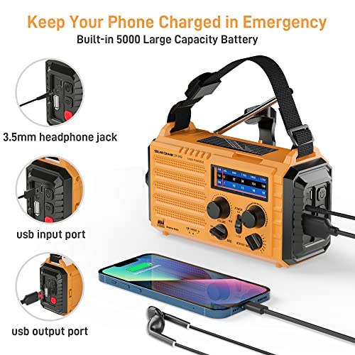 Eoxsmile Emergency Radio with NOAA Weather Alert– 5000mAh Solar Hand Crank Portable AM/FM Shortwave Radio, Rechargeable Ba...