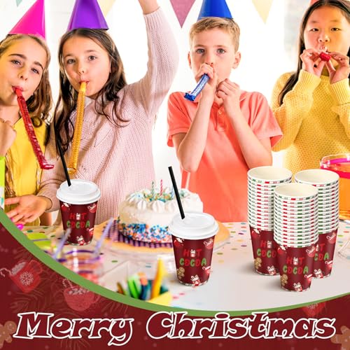 Jingmore 50 Set Christmas Hot Cocoa Paper Cups 12 oz Christmas Disposable Coffee Cups with Lids Straw Holiday Cup Bulk for...