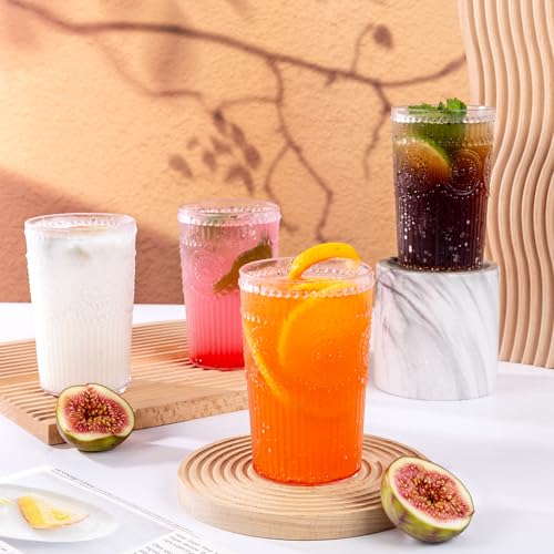 Ciaell 12 Pack Romantic Plastic Water Glasses - 14 Oz Clear Vintage Drinking Glasses, Embossed Ribbed Plastic Cups, Textur...
