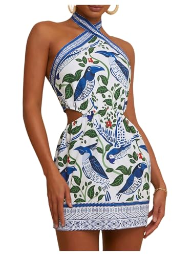 MakeMeChic Women's Boho Mini Dress Summer Beach Vacation Halter Dresses Floral Sundress