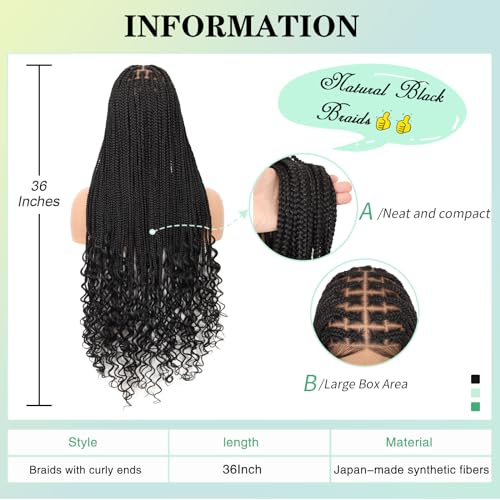 13x8 Inch HD Lace Front Box Knotless braided Wigs With Baby Hair Braided Wig For Women With Boho Curly Ends Black Premium Synthetic 36 Inch