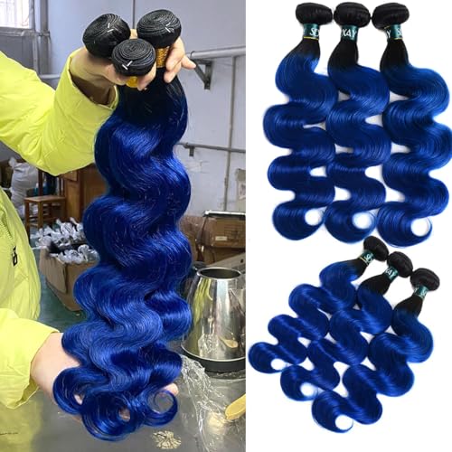 SEXAYHAIR Blue Human Hair Bundles Brazilian Ombre Body 1b/blue Wave 1Bundle Hair Unprocessed Virgin Human Hair Extensions, 2 Tone Ombre Blue Hair Bundles (24",1b/Blue)