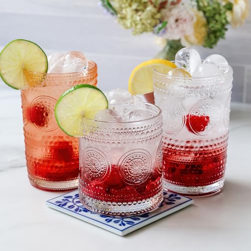 Hobnail Beaded Floral Clear Drinking Glasses Set of 6, (10 oz) Vintage Glassware Set by Kate Aspen| Cocktail Glass Set, Ju...