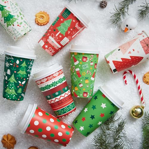 JOYIN 48 Pcs Merry Christmas Disposable Cups with Sleeves and Lids, 8 Designs Xmas Drinkware 16 oz Paper Cup For Hot Choco...