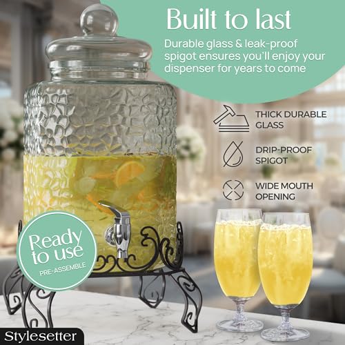 Style Setter Homestead Beverage Dispenser Cold Drink Dispenser w/ 2.5-Gallon Capacity Glass Jug, Metal Rack & Leak Proof A...