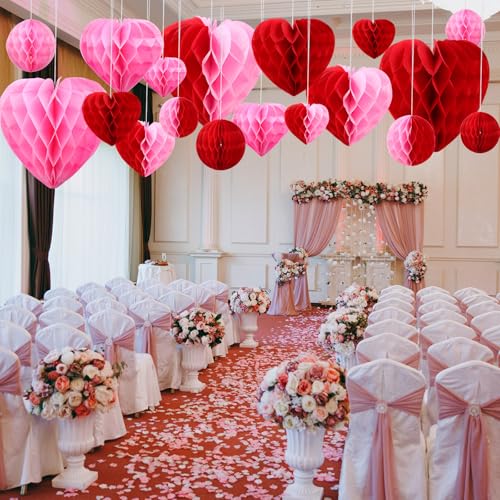Yexiya 36 Pcs Valentine Heart Honeycomb Decorations Pom Poms Honeycomb Ball Paper Decorations Heart Tissue Paper for Valen...