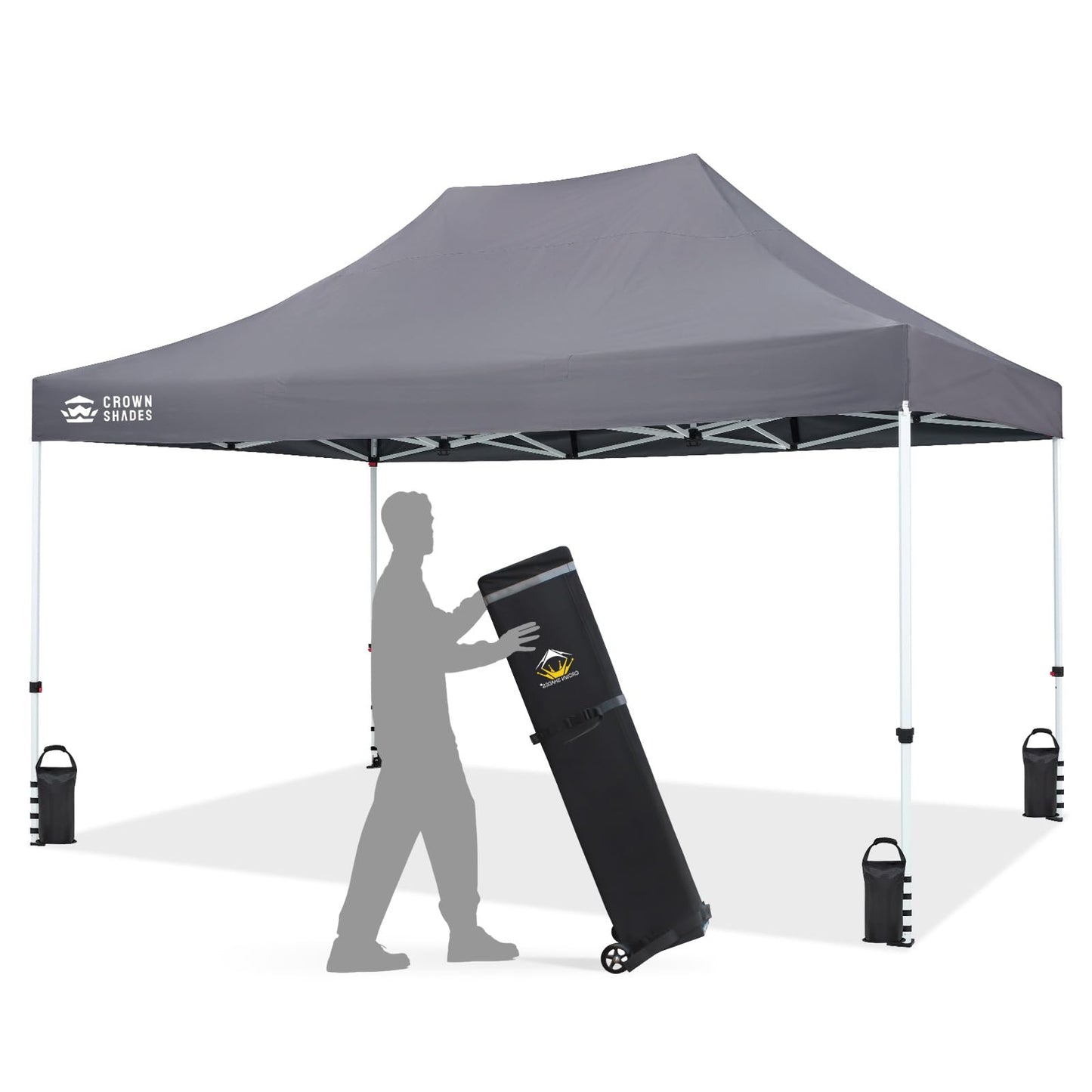 CROWN SHADES 10x15 Pop Up Canopy Tent, Thicken Frame Commercial Heavy Duty Tent, 8 Stakes & 4 Sandbags & 4 Ropes, Outdoor Canopies for Events, Parties,Grey