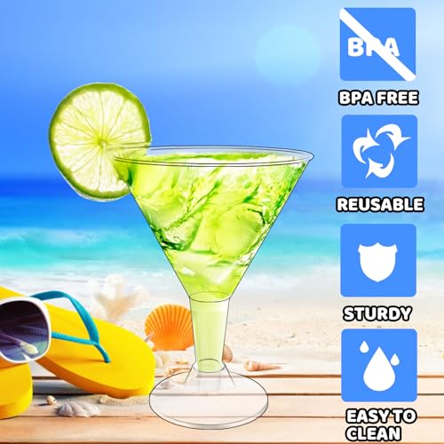50 Pack Plastic Martini Glasses,7 oz Clear Disposable Cocktail Cups,Reusable Tall Stemmed Wine Shooter Glasses for Party W...